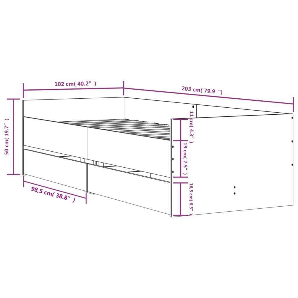 Estrutura de cama com gavetas 100x200 cm cinzento sonoma