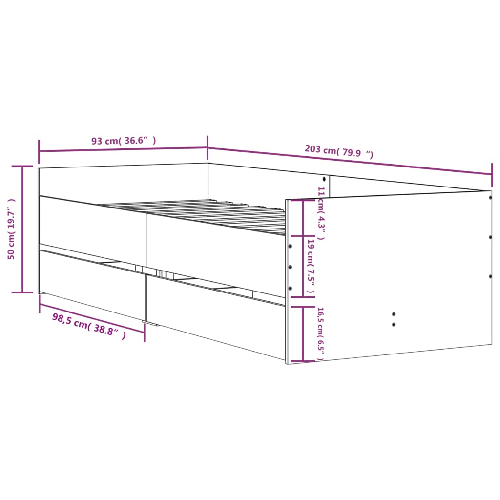 Estrutura de cama com gavetas 90x200 cm cinzento-cimento