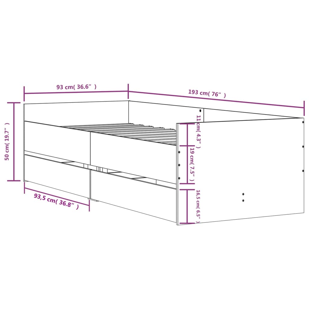 Estrutura de cama com gavetas 90x190 cm cinzento sonoma