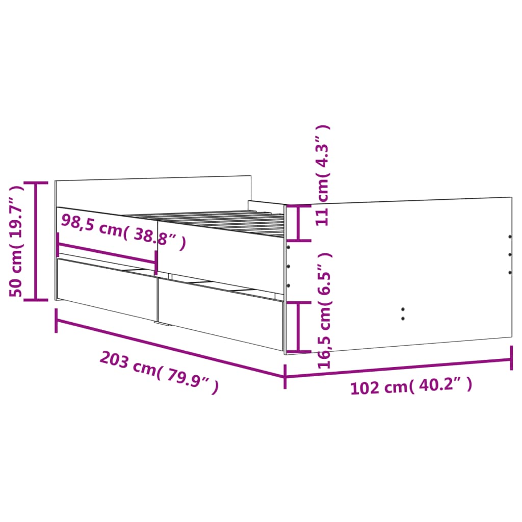 Estrutura de cama com gavetas 100x200 cm cinzento-cimento