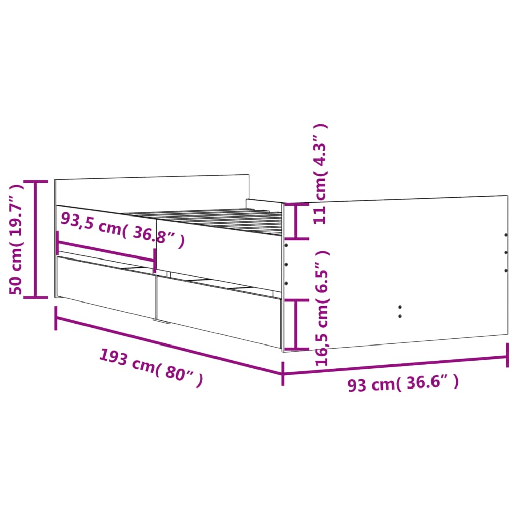 Estrutura de cama com gavetas 90x190 cm cinzento-cimento