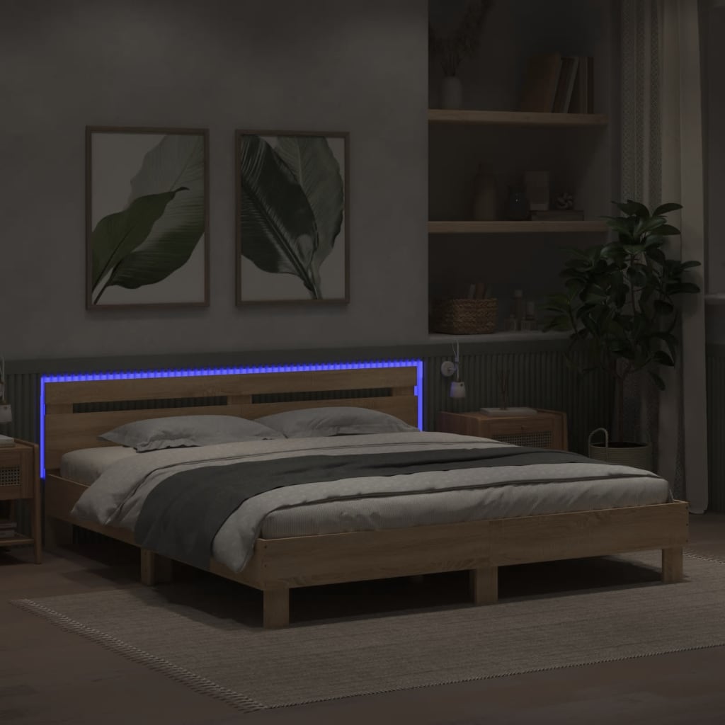 Estrutura cama c/ cabeceira/luzes LED 200x200cm carvalho sonoma