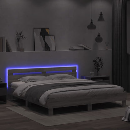 Estrutura cama c/ cabeceira/luzes LED 200x200cm cinzento sonoma