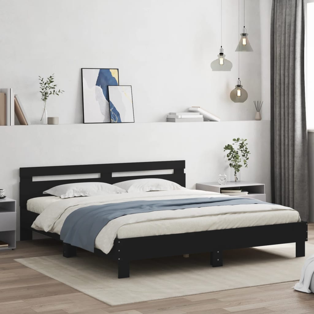 Estrutura cama c/ cabeceira e luzes LED 180x200 cm preto