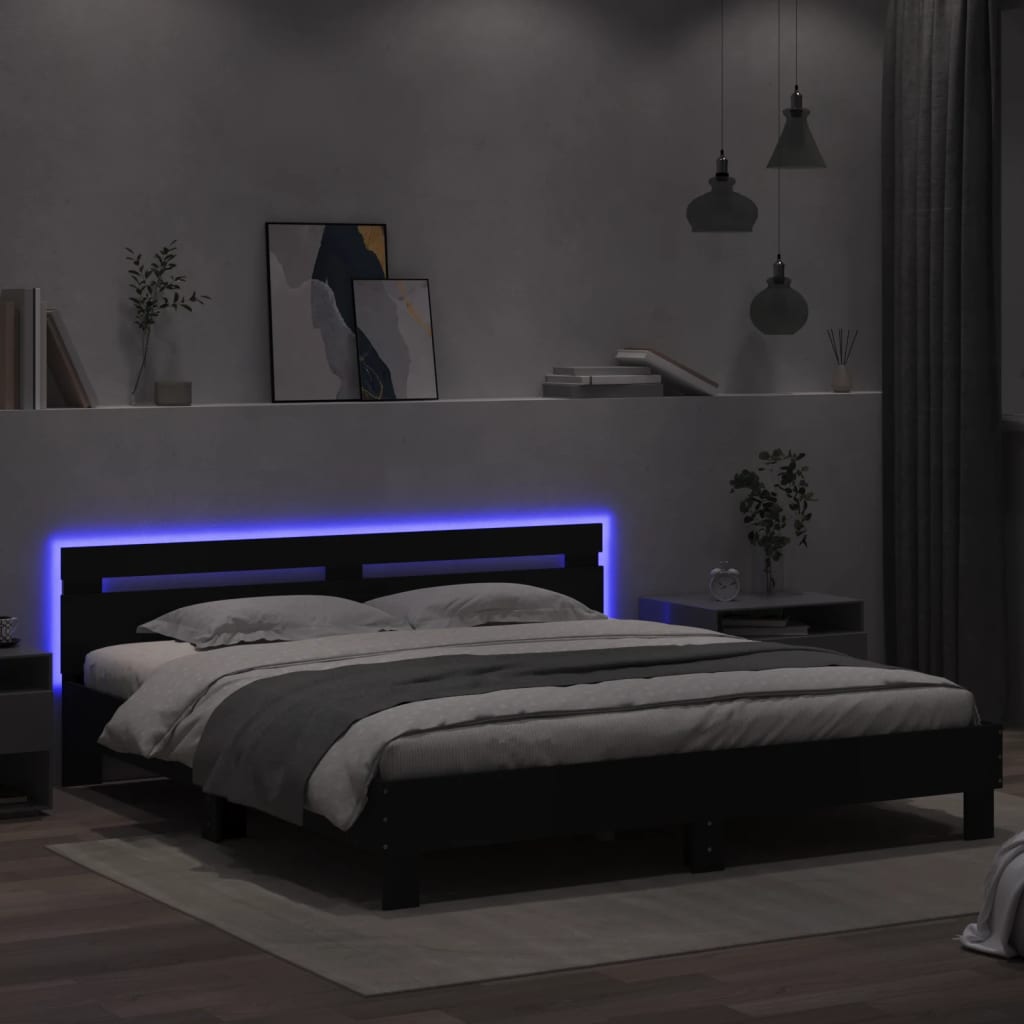 Estrutura de cama com cabeceira e luzes LED 160x200 cm preto