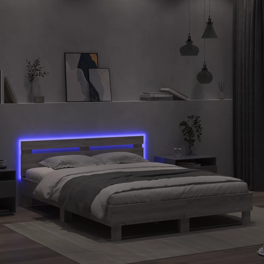 Estrutura cama c/ cabeceira/luzes LED 140x200cm cinzento sonoma