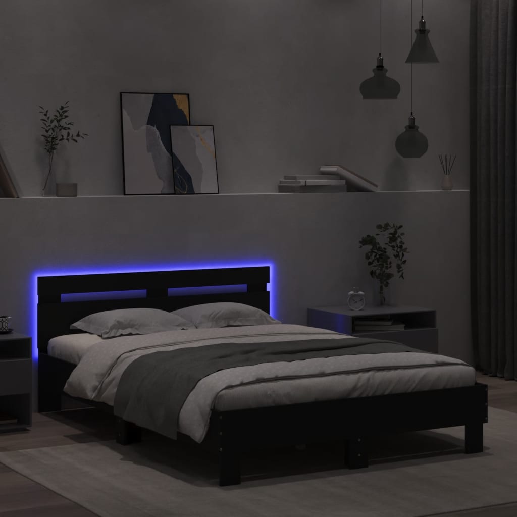 Estrutura de cama com cabeceira e luzes LED 120x200 cm preto