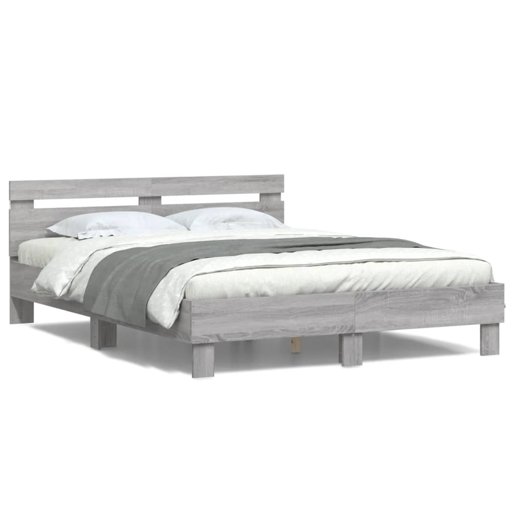 Estrutura cama c/ cabeceira/luzes LED 140x190cm cinzento sonoma