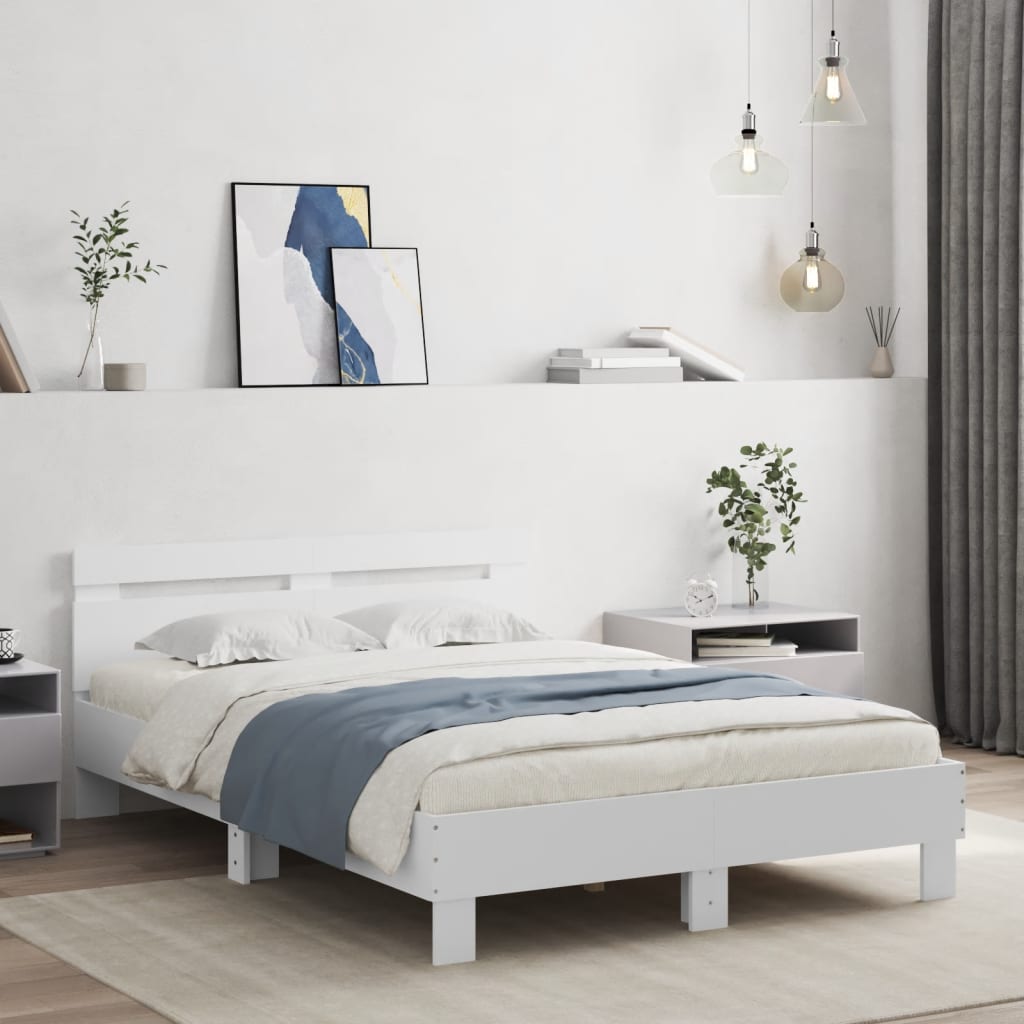 Estrutura de cama com cabeceira e luzes LED 135x190 cm branco