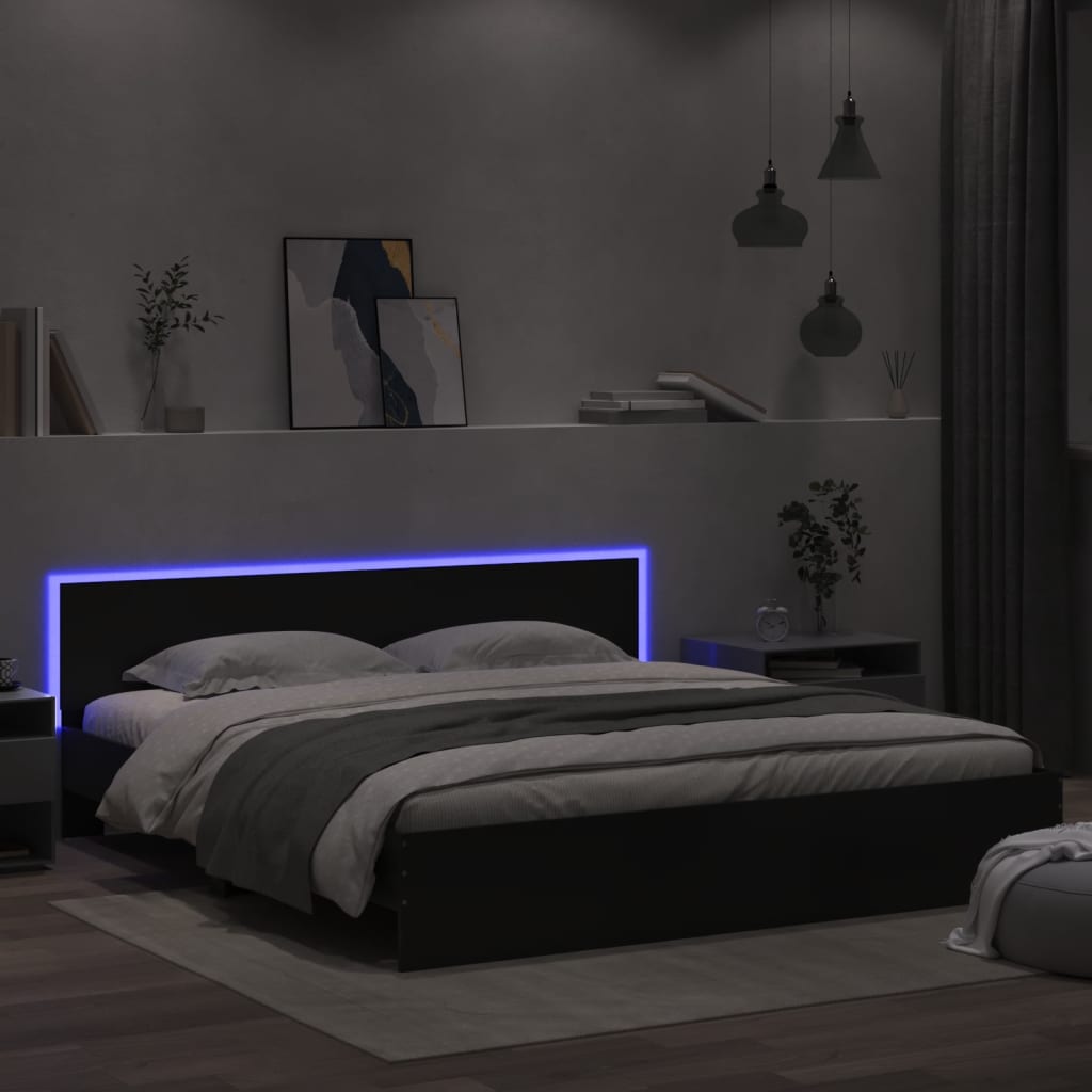 Estrutura de cama com cabeceira e luzes LED 200x200 cm preto