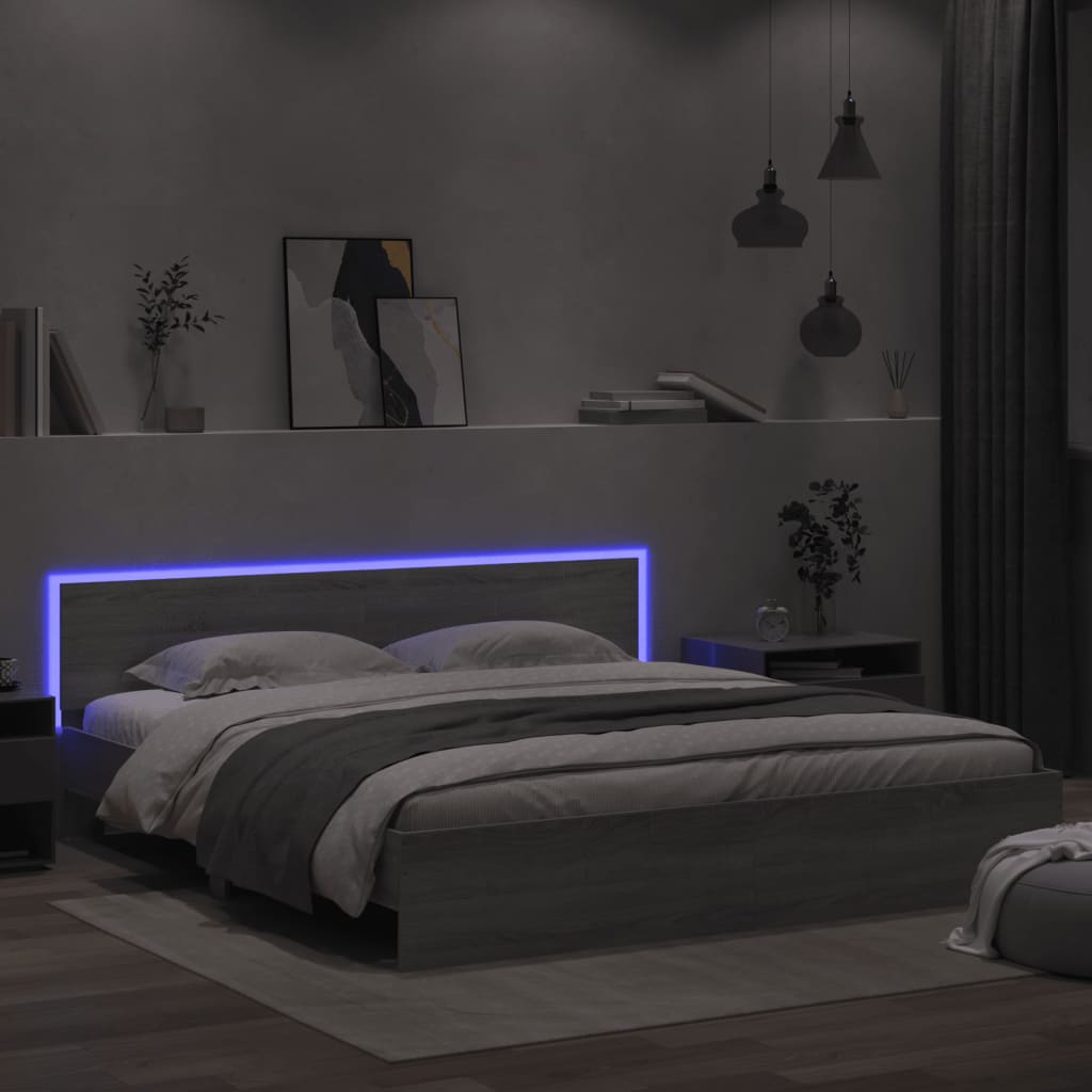 Estrutura cama c/ cabeceira/luzes LED 200x200cm cinzento sonoma