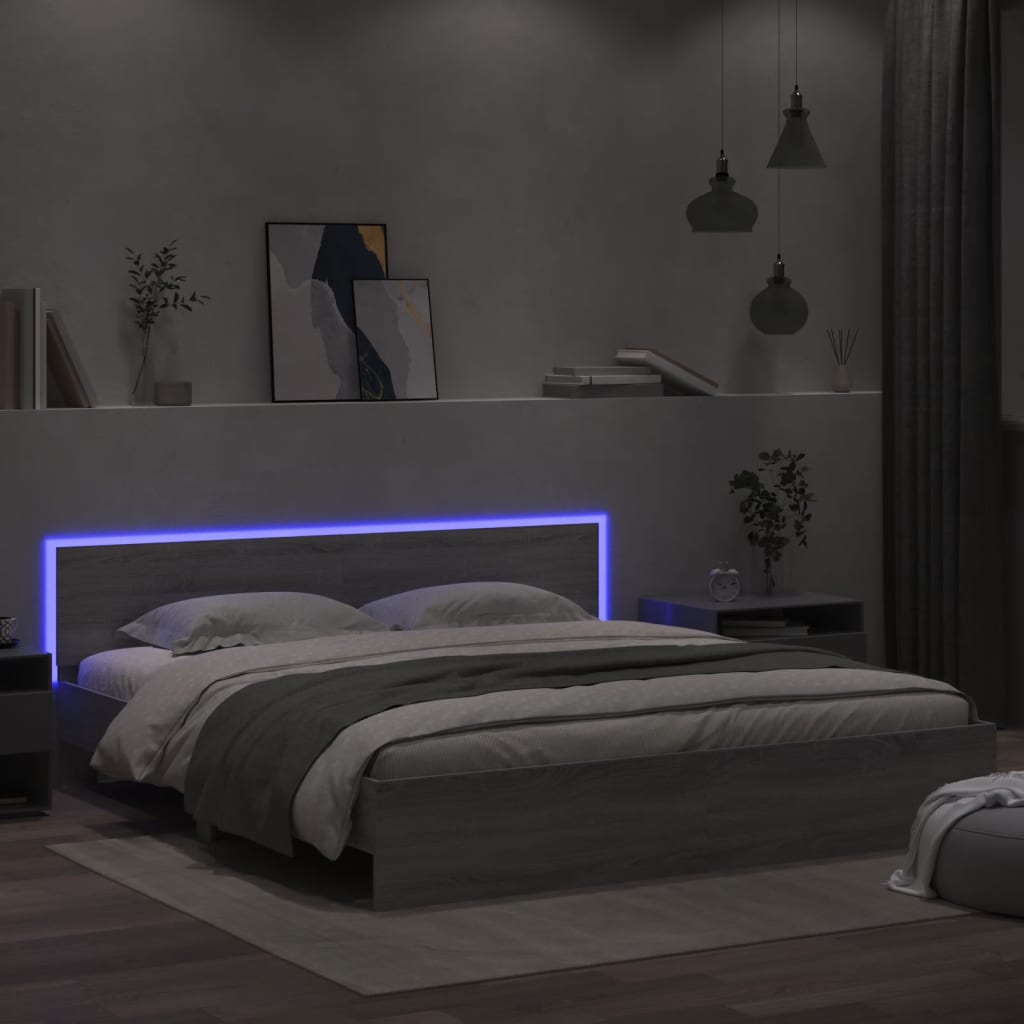 Estrutura cama c/ cabeceira/luzes LED 180x200cm cinzento sonoma