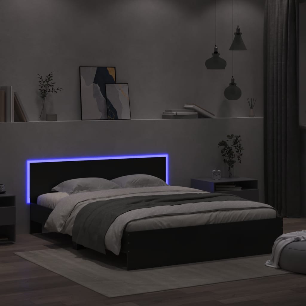 Estrutura de cama com cabeceira e luzes LED 160x200 cm preto