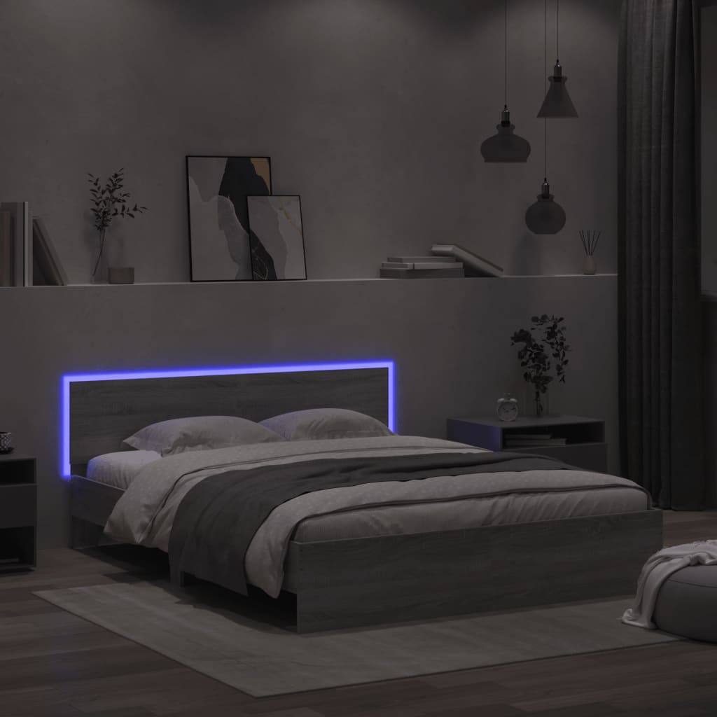 Estrutura cama c/ cabeceira/luzes LED 160x200cm cinzento sonoma