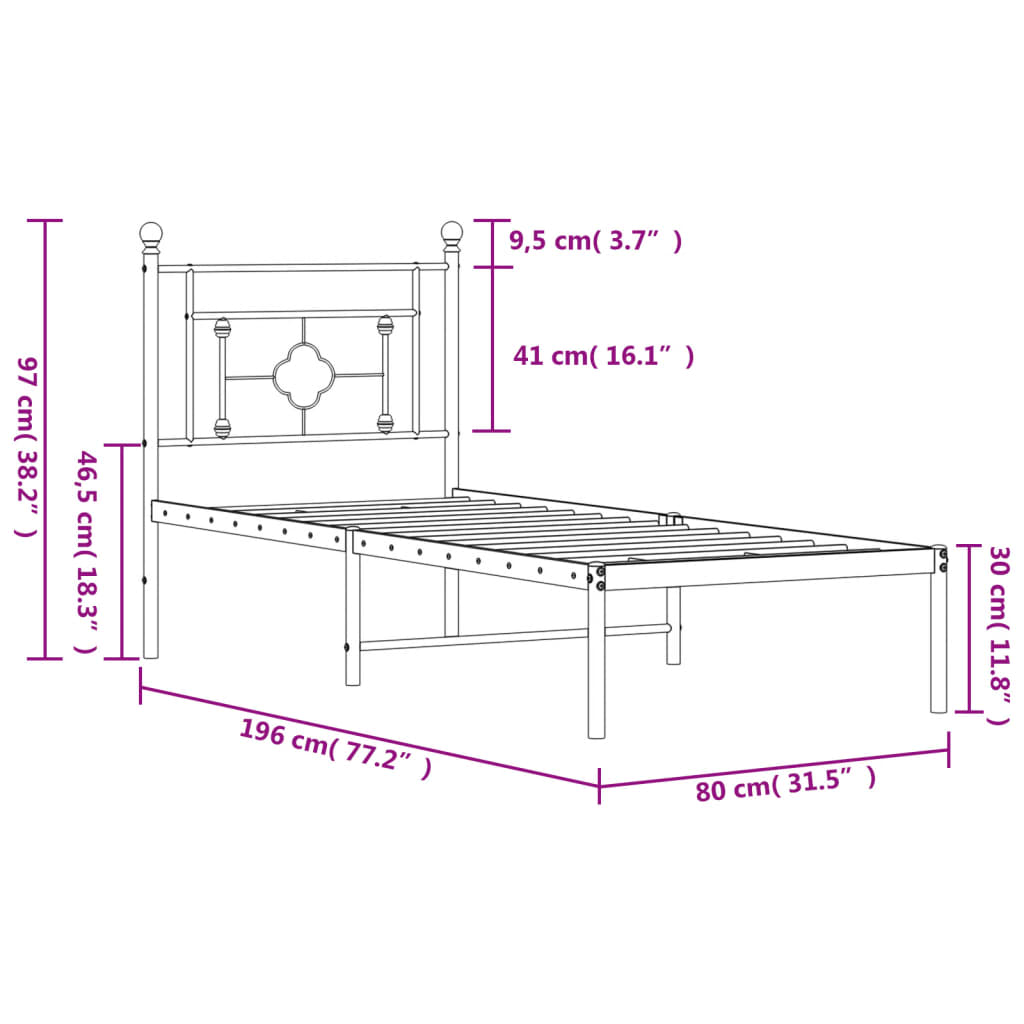 Estrutura de cama com cabeceira 75x190 cm metal preto