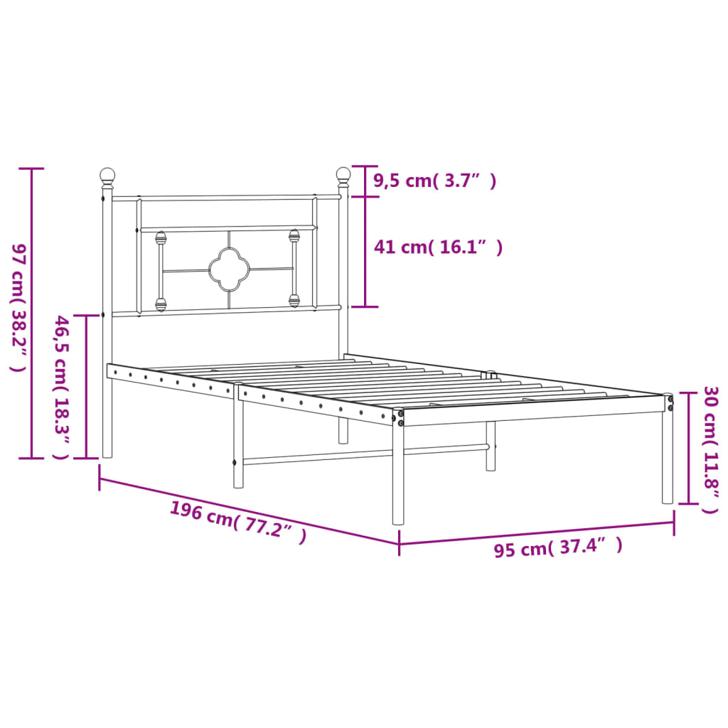 Estrutura de cama com cabeceira 90x190 cm metal preto