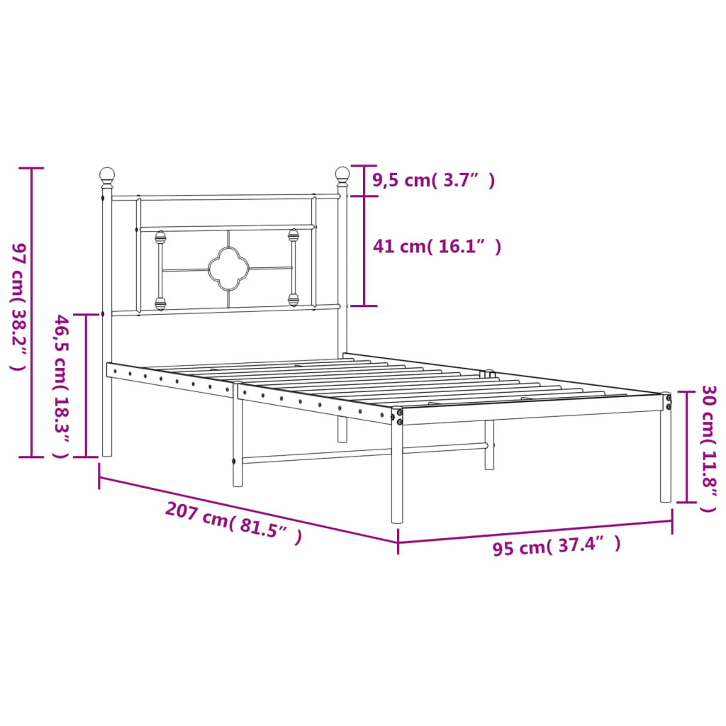 Estrutura de cama com cabeceira 90x200 cm metal preto