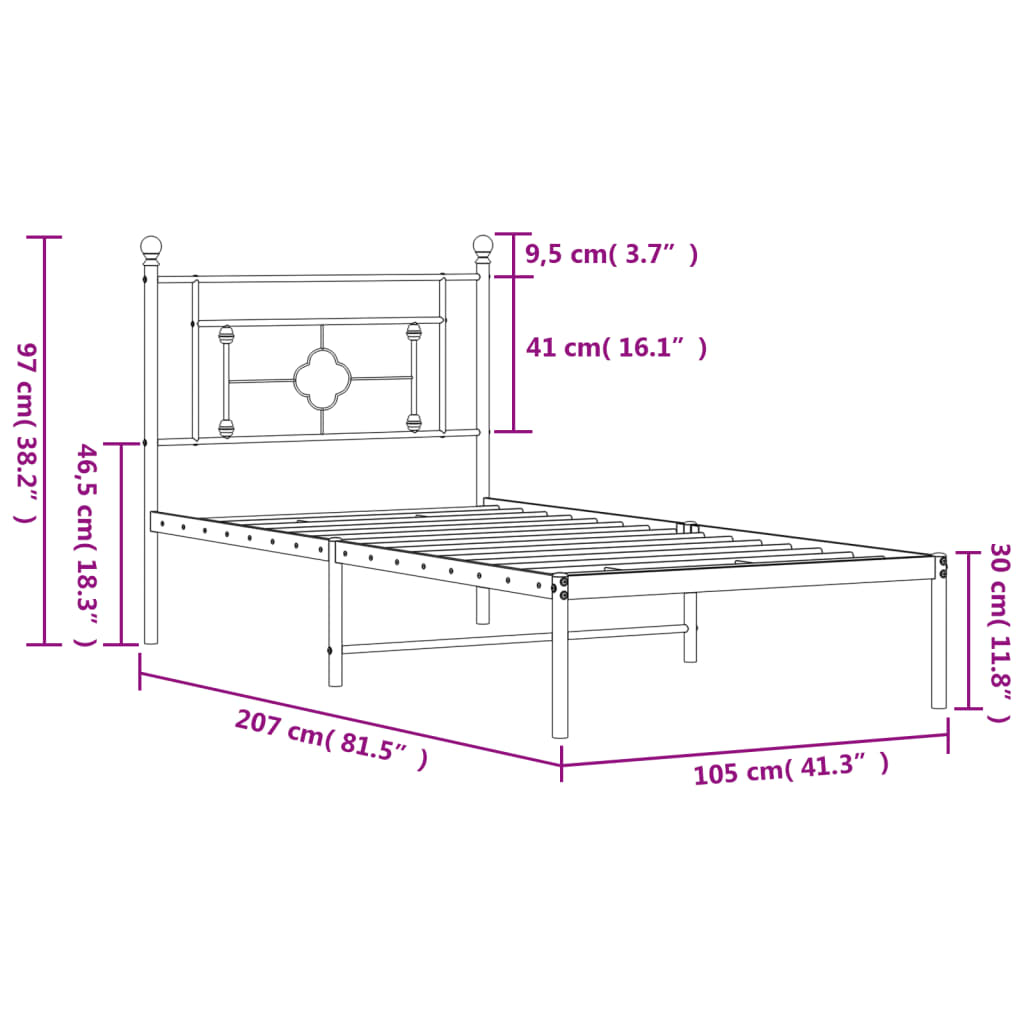 Estrutura de cama com cabeceira 100x200 cm metal preto