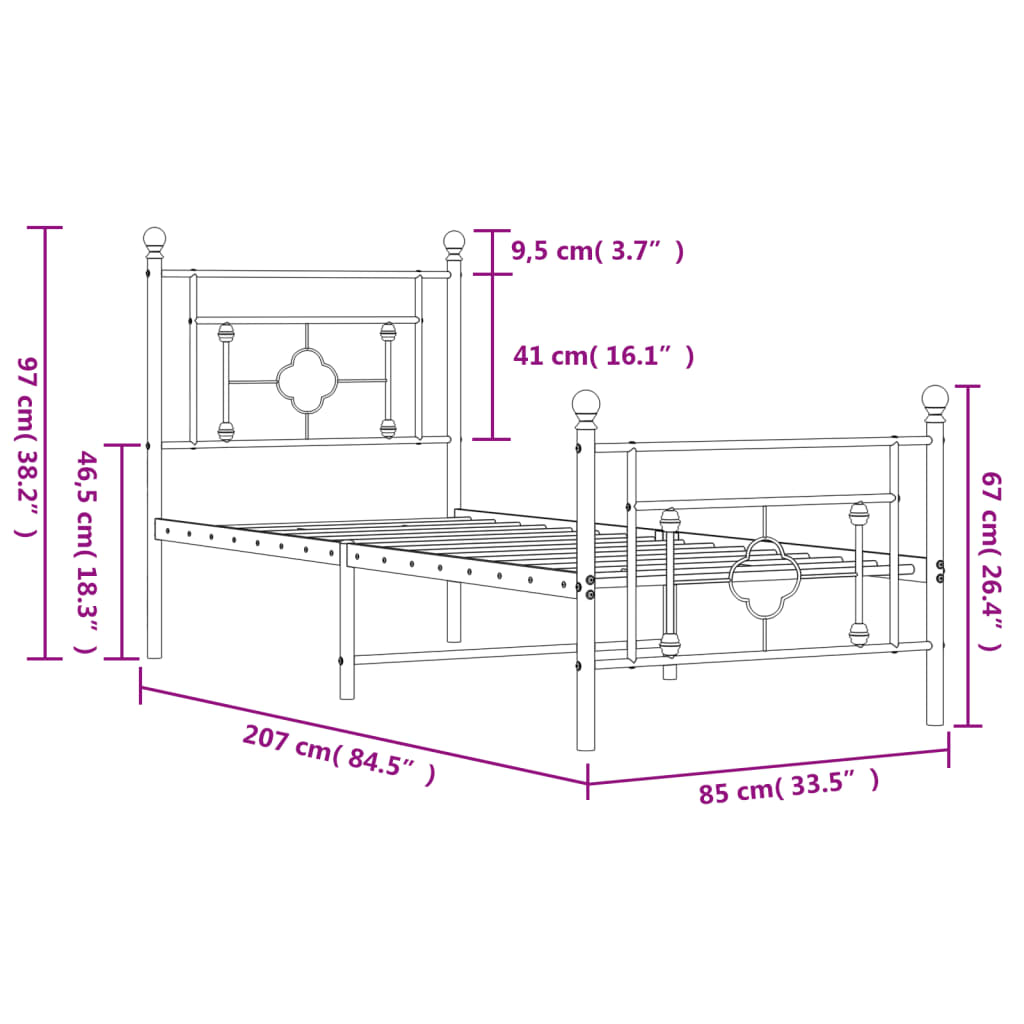 Estrutura de cama com cabeceira e pés 80x200 cm metal preto