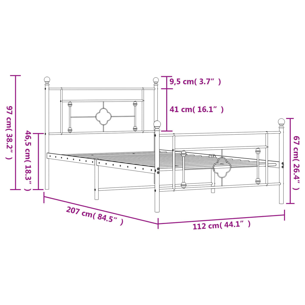 Estrutura de cama com cabeceira e pés 107x203 cm metal preto