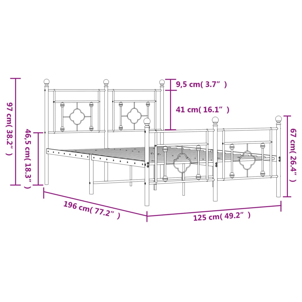 Estrutura de cama com cabeceira e pés 120x190 cm metal preto