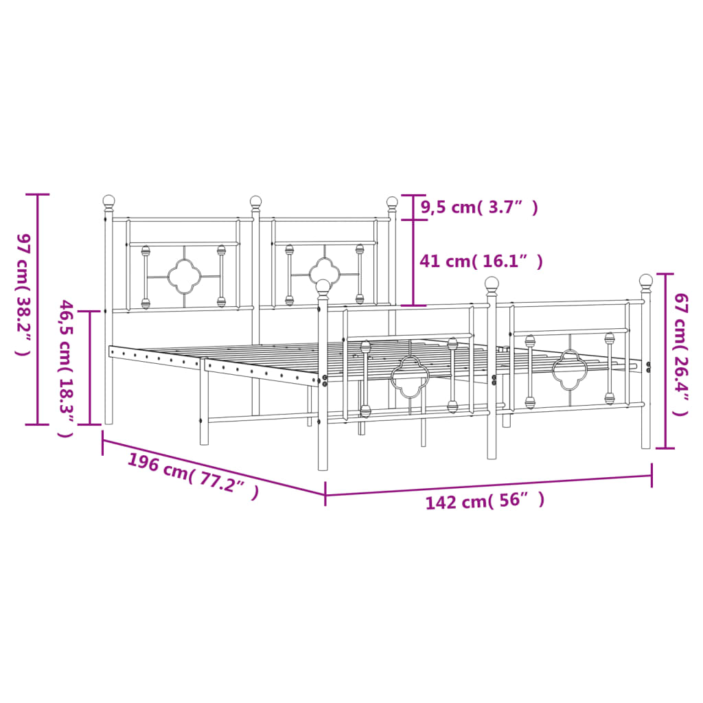 Estrutura de cama com cabeceira e pés 135x190 cm metal preto