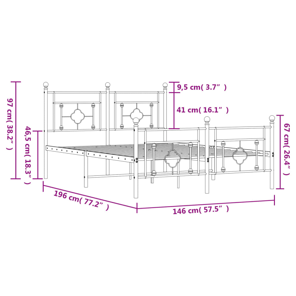 Estrutura de cama com cabeceira e pés 140x190 cm metal preto