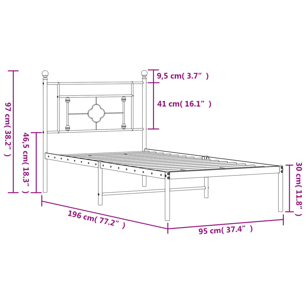 Estrutura de cama com cabeceira 90x190 cm metal branco