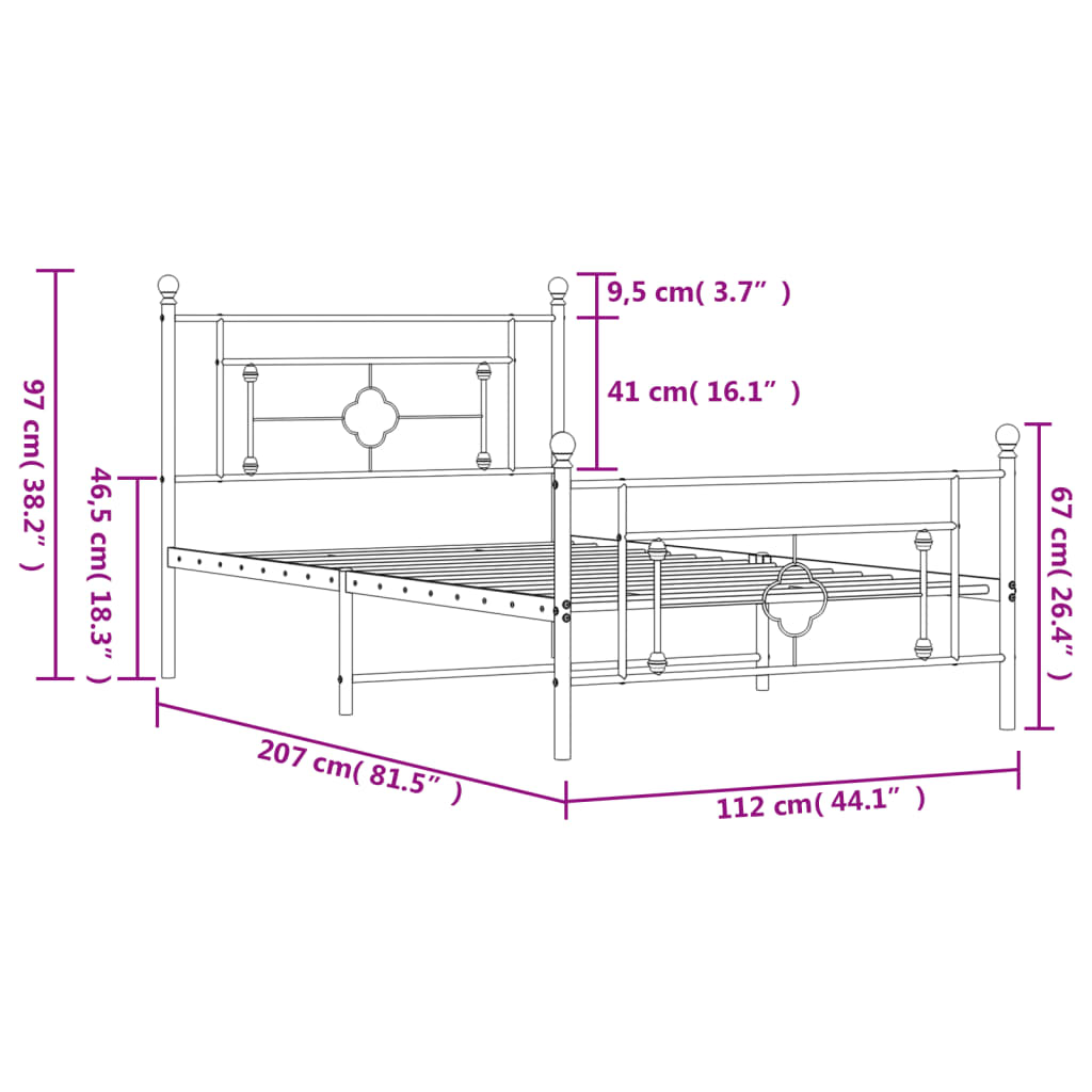 Estrutura de cama com cabeceira e pés 107x203 cm metal branco