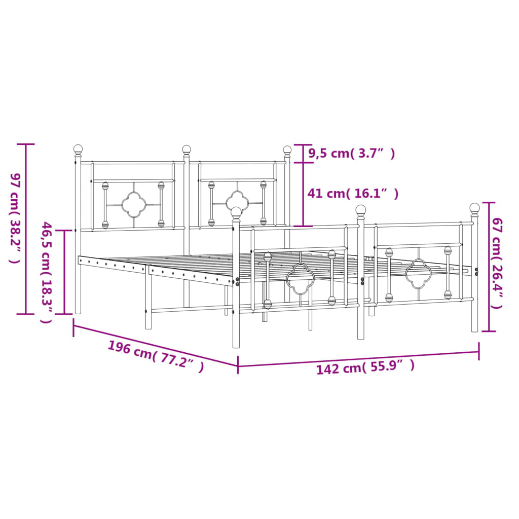 Estrutura de cama com cabeceira e pés 135x190 cm metal branco