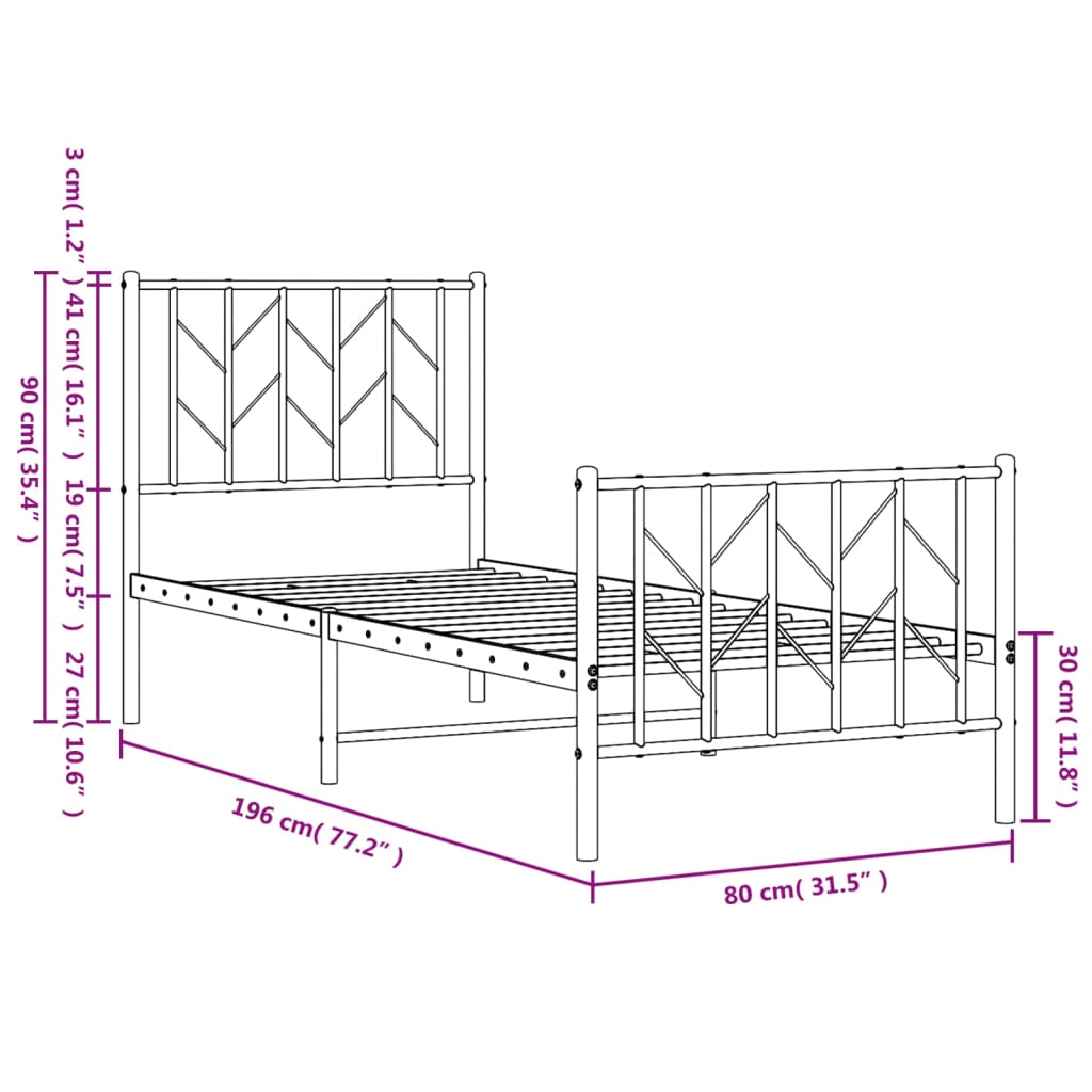 Estrutura de cama com cabeceira e pés 75x190 cm metal preto