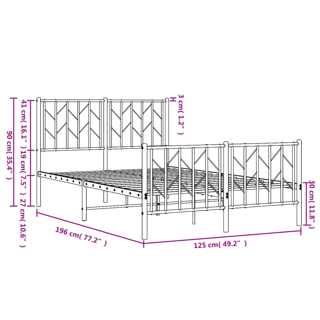 Estrutura de cama com cabeceira e pés 120x190 cm metal preto