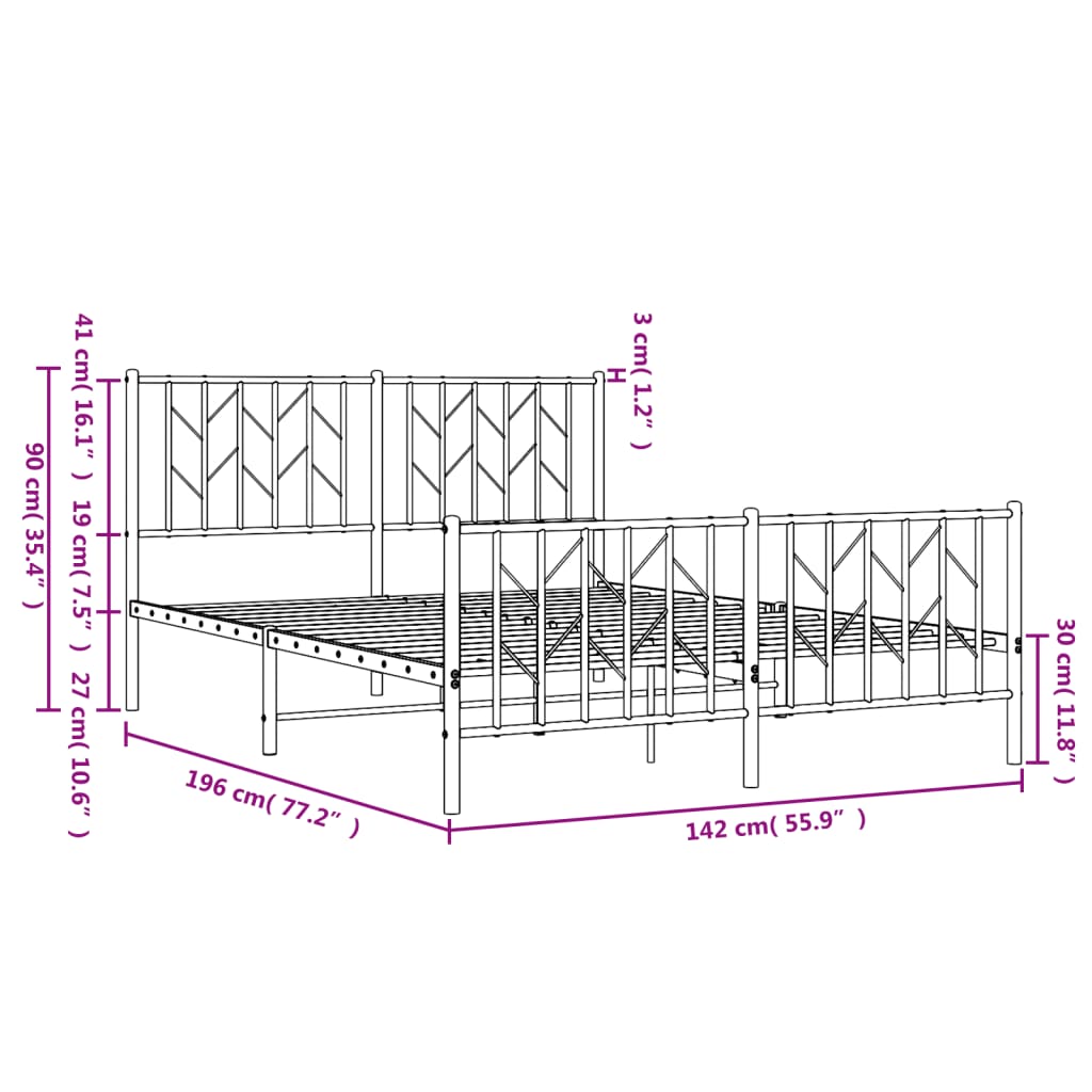 Estrutura de cama com cabeceira e pés 135x190 cm metal preto