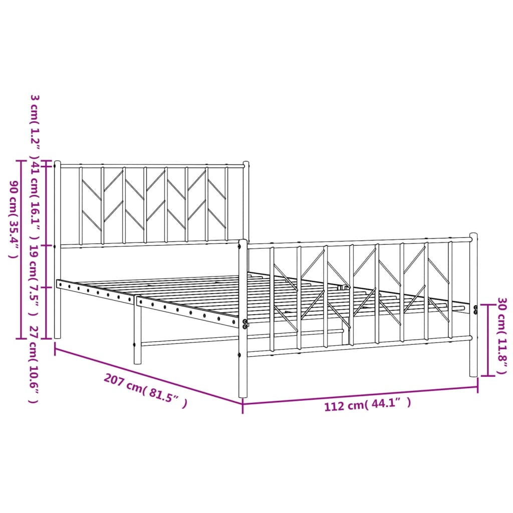 Estrutura de cama com cabeceira e pés 107x203 cm metal branco