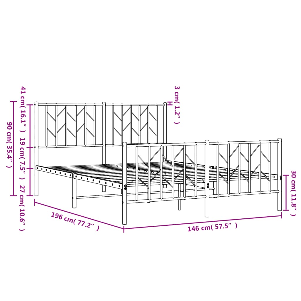 Estrutura de cama com cabeceira e pés 140x190 cm metal branco