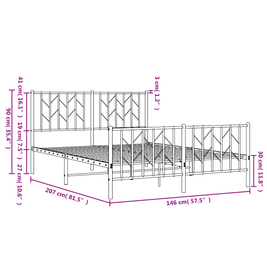 Estrutura de cama com cabeceira e pés 140x200 cm metal branco