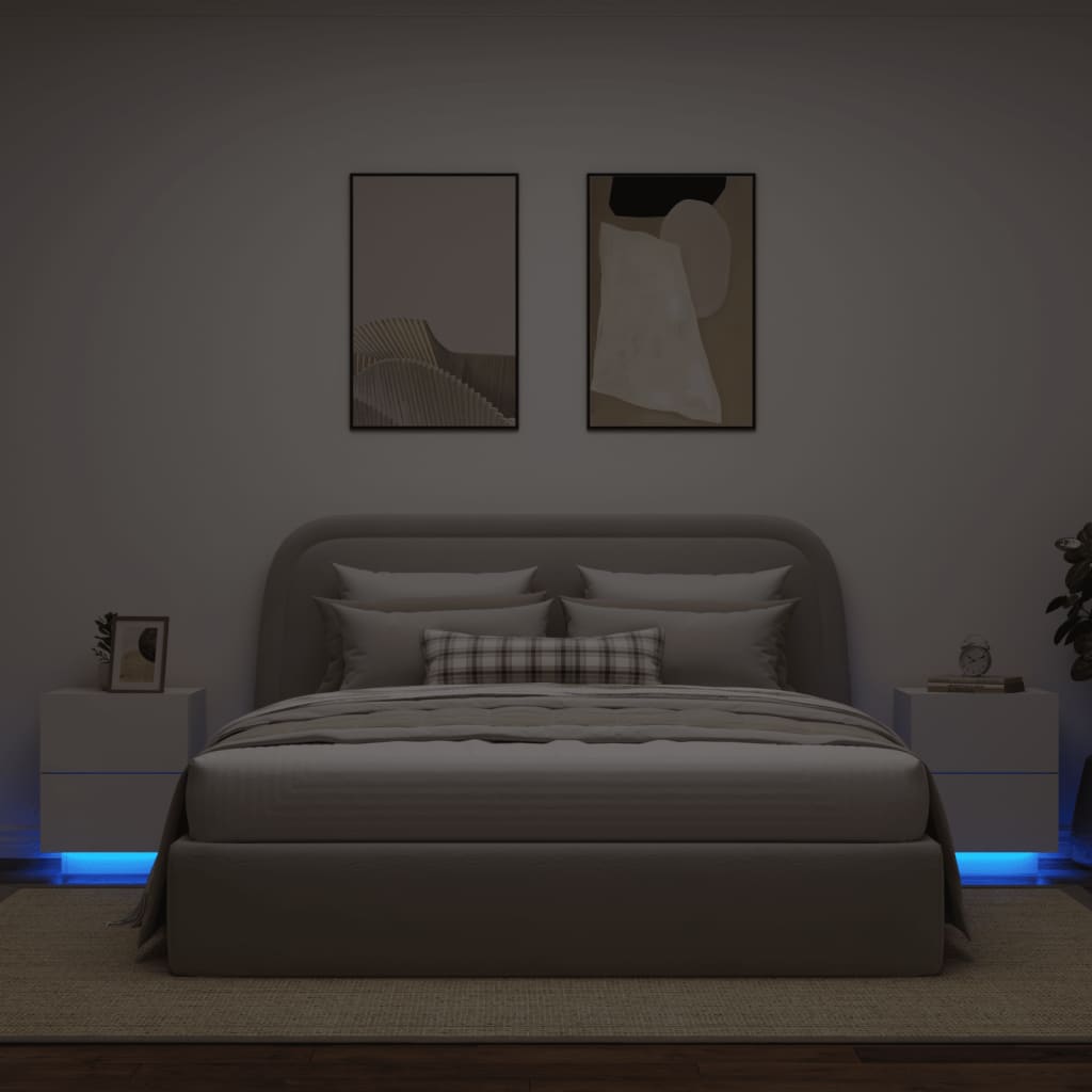 Conjunto de 2 Mesas de Cabeceira Kenobi com Luzes LED - Branco - Design Moderno