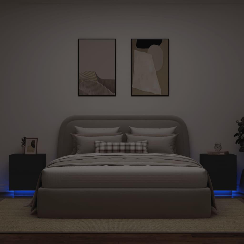 Conjunto de 2 Mesas de Cabeceira Kenobi com Luzes LED - Preto - Design Moderno