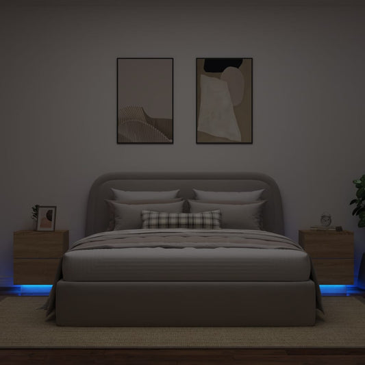 Conjunto de 2 Mesas de Cabeceira Kenobi com Luzes LED - Carvalho - Design Moderno