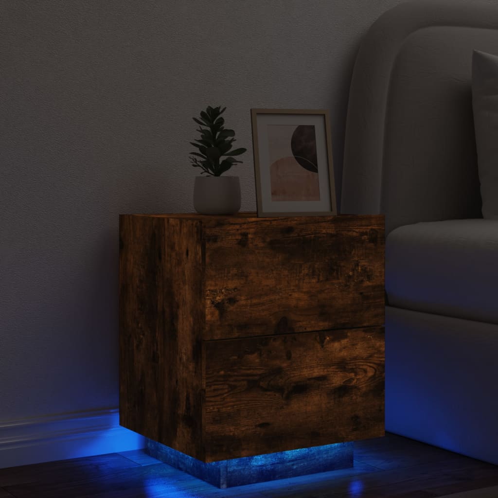 Mesa de Cabeceira Kenobi com Luzes LED - Madeira Rústica - Design Moderno