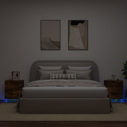 Conjunto de 2 Mesas de Cabeceira Kenobi com Luzes LED - Madeira Rústica - Design Moderno