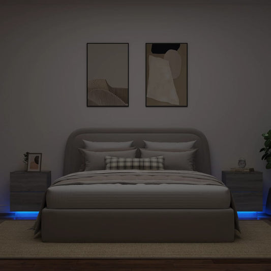 Conjunto de 2 Mesas de Cabeceira Kenobi com Luzes LED - Cinzento - Design Moderno