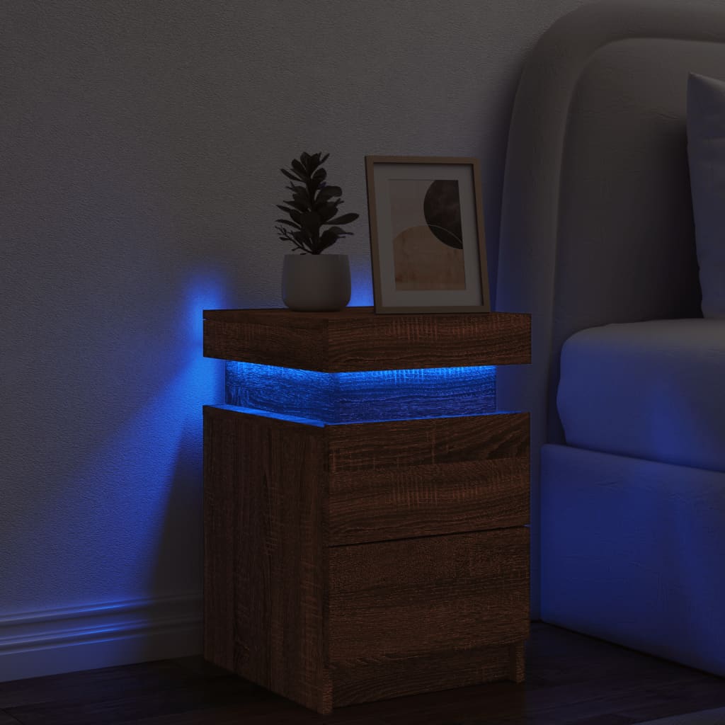 Mesa de cabeceira com luzes LED 35x39x55 cm carvalho castanho