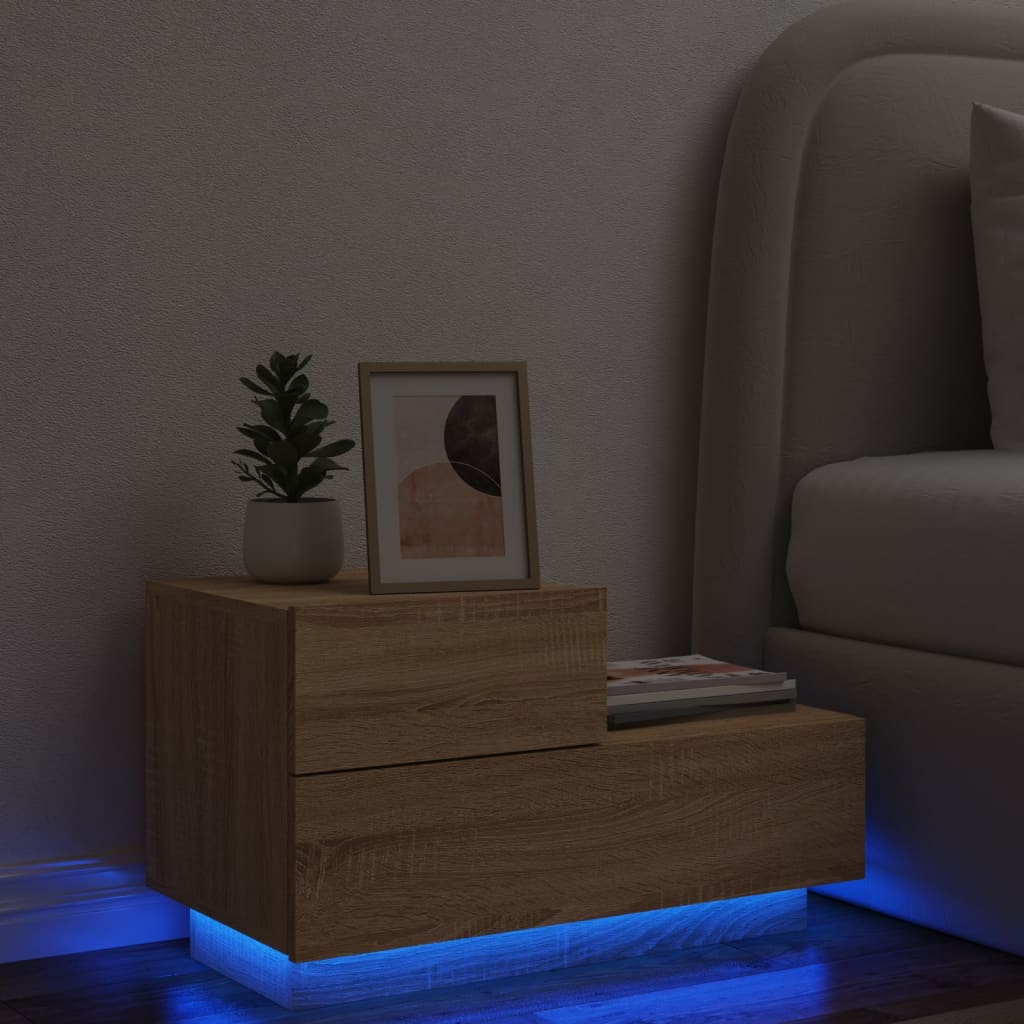 Mesa de Cabeceira Tulipa com 2 Gavetas e Luzes LED - Carvalho - Design Moderno