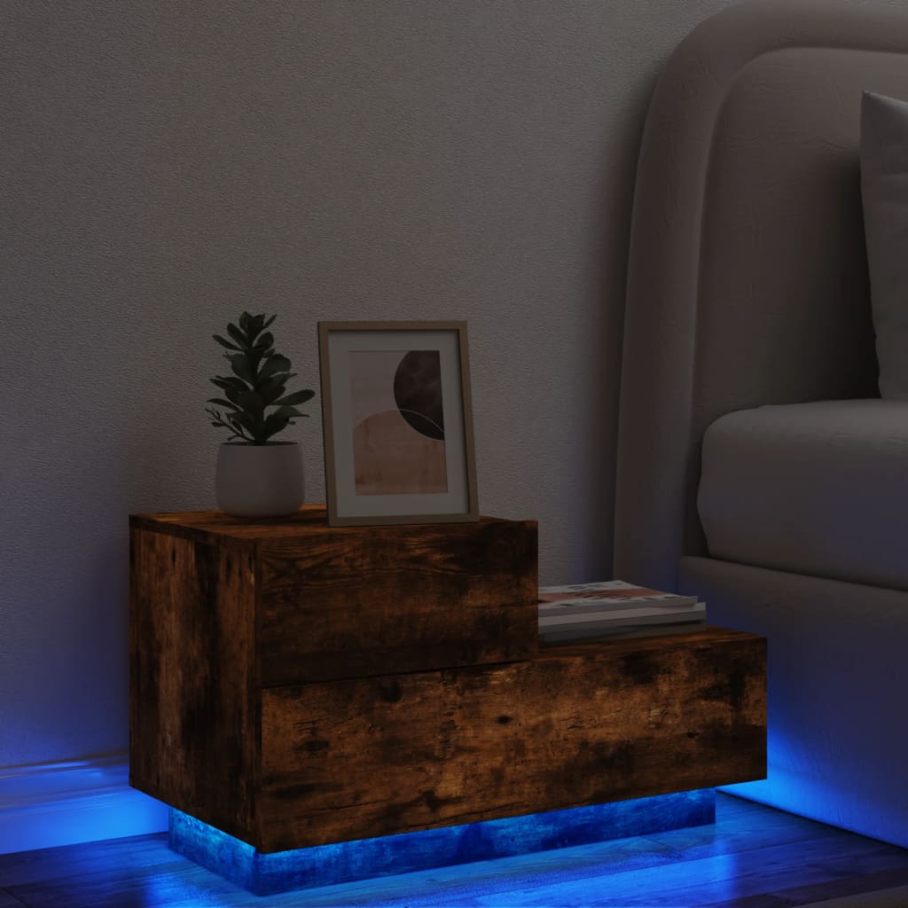 Mesa de Cabeceira Tulipa com 2 Gavetas e Luzes LED - Madeira Rústica - Design Moderno