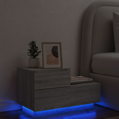 Mesa de Cabeceira Tulipa com 2 Gavetas e Luzes LED - Cinzento - Design Moderno