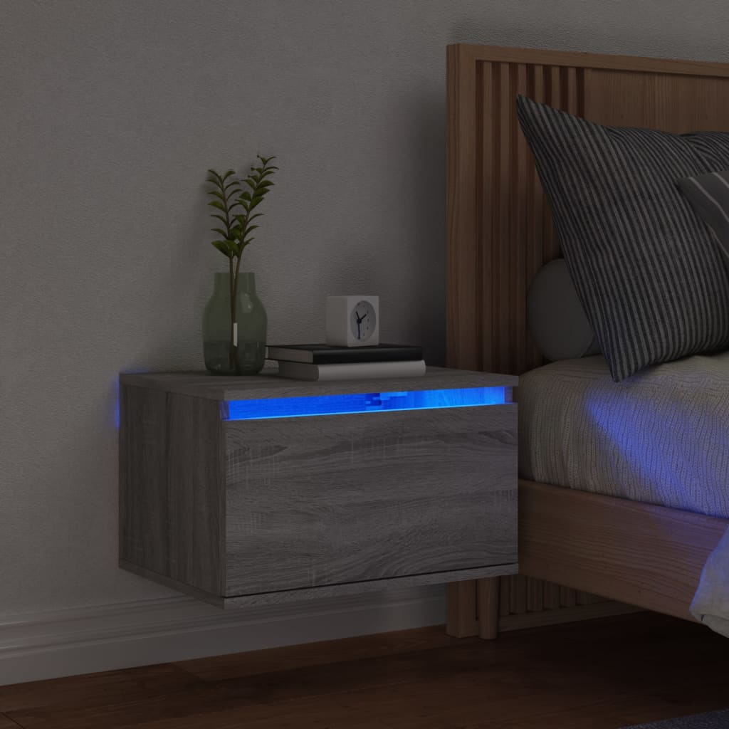 Mesa de cabeceira de parede com luzes LED cinzento sonoma