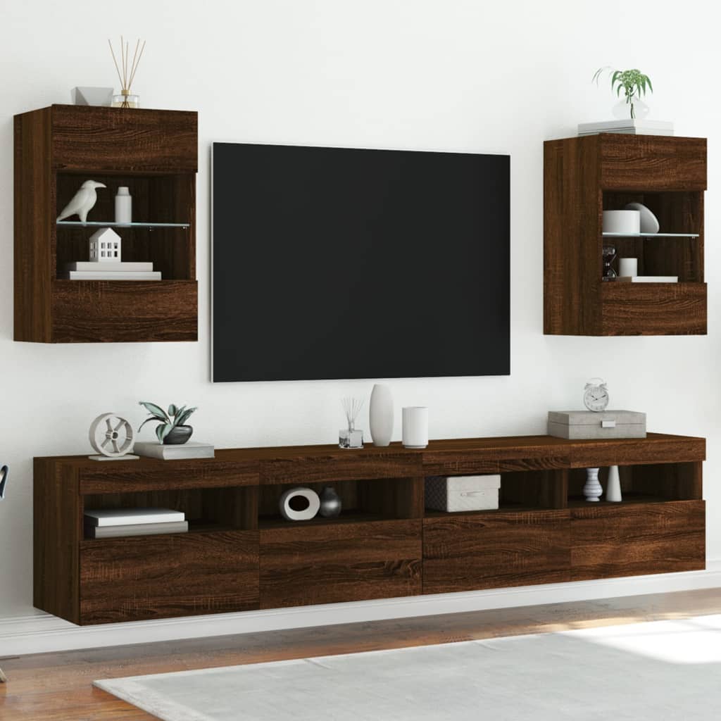 Móveis de Parede Selma p/ TV com Luzes LED - 2 Peças 40x30x60,5 cm - Carvalho Castanho