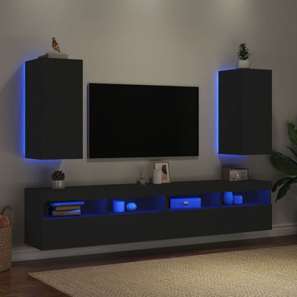 Móveis de parede p/ TV com luzes LED 2 pcs 30,5x35x70 cm preto