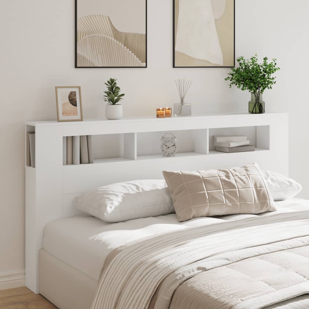 Cabeceira de cama com luzes LED derivados de madeira branco